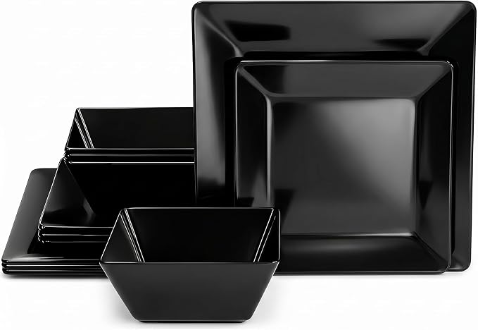 TP 12-Piece Melamine Dinnerware Sets, Plates and Bowls Dishes Set for 4, Break-Resistant & Non-Microwavable, Lightweight Square Dinner Plates, Black