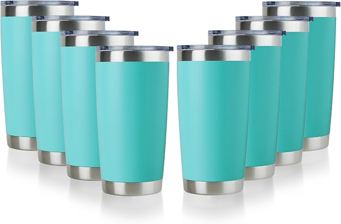 DOMICARE 20oz Stainless Steel Tumbler Bulk with Lid, Double Wall Vacuum Insulated Travel Mug, Powder Coated Coffee Cup, Light Blue, 8 Pack