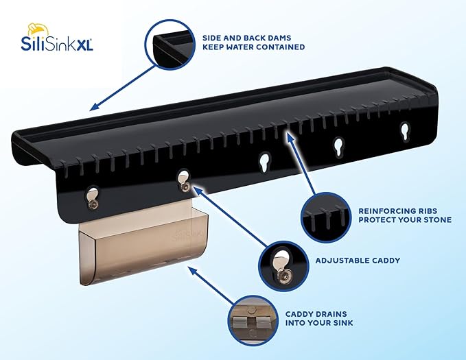 SiliProducts SiliSink XL Silicone Edge Guard for Kitchen Sink - Fits 3.75” - 4” Wide - The Original Silicone Sink Edge Protector with Sponge Caddy - Splash Guard, 20” Black Diamond