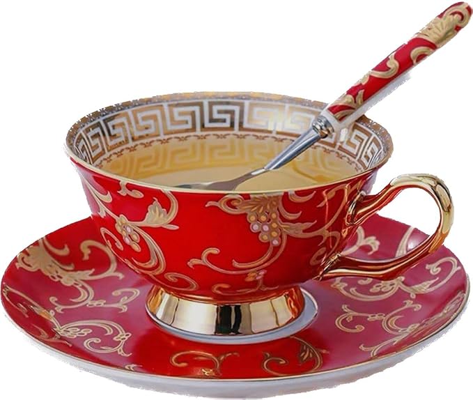 YBK Tech Euro Style Bone China Cup& Saucer Set, Ceramic Tea Coffee Cup for Home Kitchen Wedding (Retro Flower Pattern- Red)