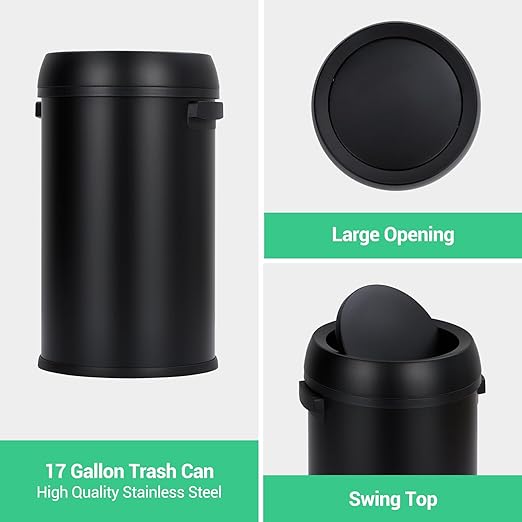 Garvee 17 gal/65 L Trash Can, Fingerprint-Proof Stainless Steel Swing Top Garbage Can, Heavy Duty Commercial Round Trash Bin with Swing Lid for Restaurant, Home, Office, Black