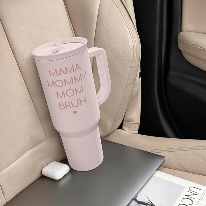 SANDJEST Gift for Mom - Mama Mommy Mom Bruh Stainless Steel Tumbler with Handle, Travel Coffee Mug for Moms - Gifts for Birthday Christmas Mothers Day, 40oz