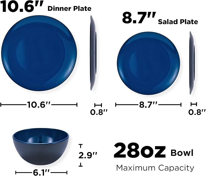 TP 12-Piece Melamine Dinnerware Sets, Plates and Bowls Dishes Set for 4, Break-Resistant & Non-Microwavable, Lightweight Dinner Plates, Black and Blue