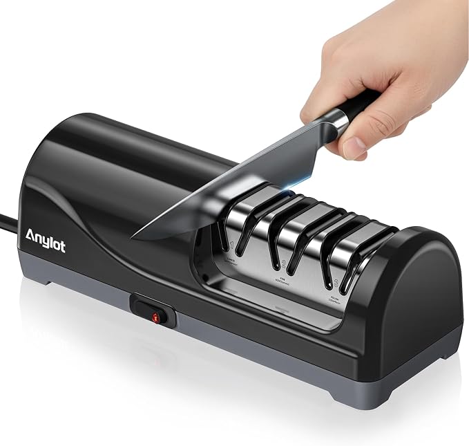 Electric Knife Sharpener for Kitchen, 3-Stage Knife Sharpener Electric with 100% Diamond Abrasives, 20° Precision Angle Guide, Fast & Safe Sharpening for Chef Knives, Home Use & Beginners (Black)