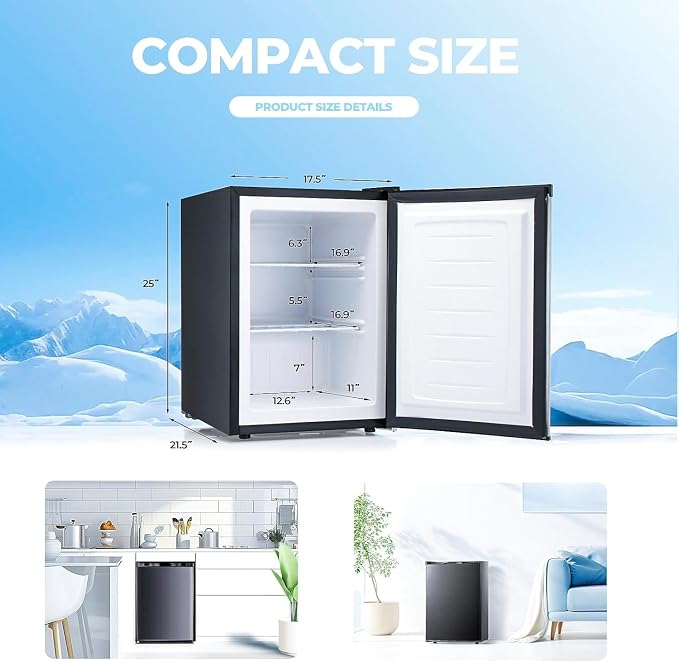 Electactic 2.1 Cu.ft Small Freezer, Mini Upright Freezer with 7 Adjustable Thermostat, Removable Shelves, Reversible Single Door, for Bedroom/Home/Dorms/Apartment (Black)