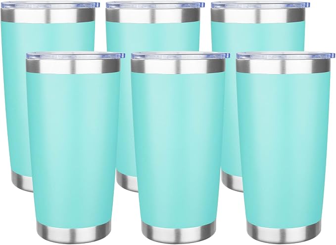 20oz Tumbler with Lid Stainless Steel Insulated Tumblers Travel Coffee Tumbler Bulk Double Wall Vacuum Insulated Water Cup Gifts for Christmas Women Men Her Him Home Office(Teal, 6pack)