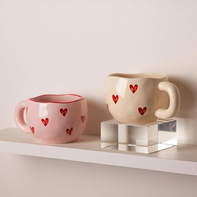 4pcs Ceramic Heart Mugs, 9.4OZ Cute Love Coffee Cup Set, Pink & Yellow, Dishwasher Safe Espresso/Latte Mugs Set, Gift for Women/Mom/Girl Friend(Love)