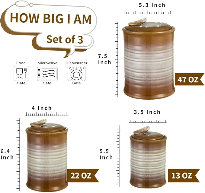 Nihow Food Storage Jar,Ceramic Canister Sets for The Kitchen,Set of 3,Brown | Air Tight Lid,Seal Damp-proof,For Flour/Sugar/Rice/Coffee/Cookies/Candy,Kitchen Counter Canister/Dishwasher Safe