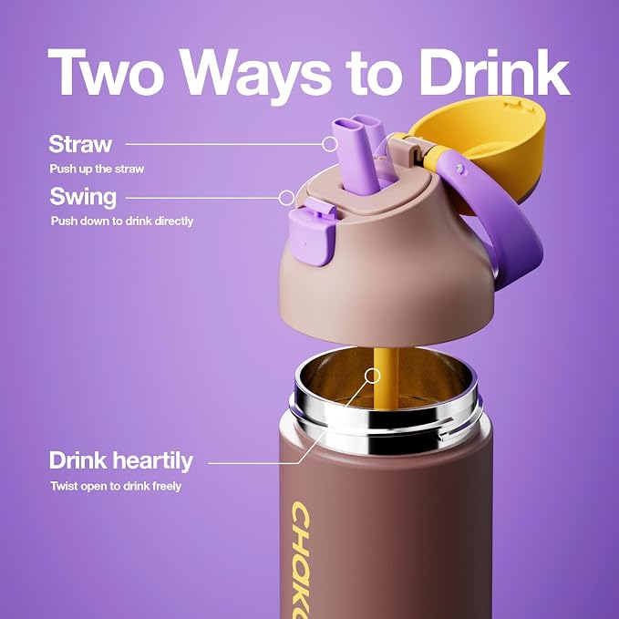 CHAKO LAB Insulated Stainless Steel Water Bottle, BPA-Free Sports Water Bottle,Spout and Straw,Leak Proof Locking Lid,Designed for Travel, School, and Sport,BPA Free,18 oz,Coco