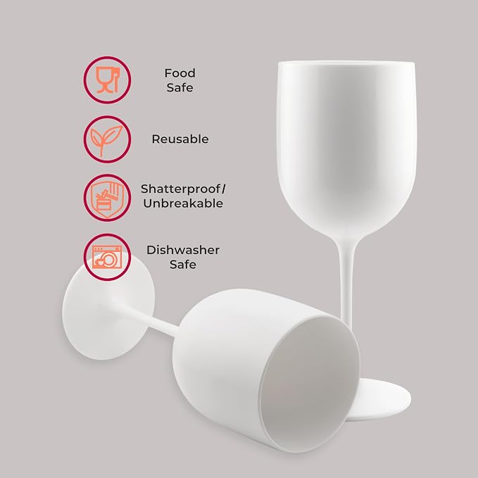 FOX & GRAPES Plastic Stemmed Wine Glasses | Unbreakable/Shatterproof, Reusable, Food Safe, Dishwasher Safe, For Birthday and Party, 16oz (White, Set of 6)