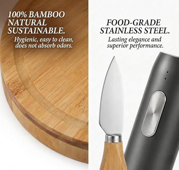 Rechargeable Electric Wine Opener Set - Includes Foil Cutter, Wine Aerator Dispenser, Electric Vacuum Stopper, Bamboo Charcuterie Board and Knives Set - Luxury Packaging for a Special Occasion