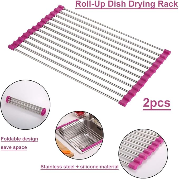 Roll Up Dish Drying Rack, Over The Sink Kitchen Rolling Rack Multipurpose Dry Dish Drainer Rack，Stainless Steel Foldable Dish Drying Rack，for Sink Counter(Pink,47 * 28cm)
