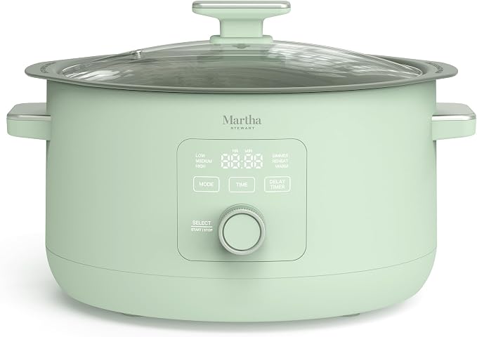 Martha Stewart 8 Quart Slow Cooker, Ceramic Nonstick Removable Bowl, Programmable with Timer, Stovetop & Oven Safe, 3 Temperature Settings, Simmer, Reheat, Warm, Glass Lid, Cool Touch Handles,Honeydew