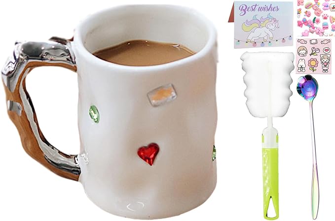 Pearl Ceramic Coffee Mug for Tea Latte Milk Cute Love Shape Cup for Home Office Women Gift 6.5 oz (Pearls White with Diamond, 380 ml)