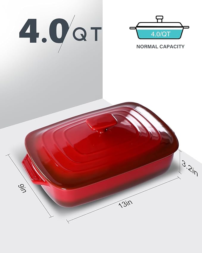 Lareina Large Ceramic Casserole Dish with Lid, 4.0 Quart Covered Rectangular Stoneware Baking Dishes for Oven, Deep 9x13 Inch Lasagna Pans for Baking and Serving, Perfect for Christmas, Red