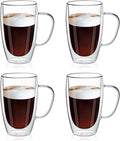 MEWAY 16oz/4 pack Coffee Mugs,Thickened Clear Glass Double Wall Cup with handle for Coffee, Tea, Latte, Cappuccino (16 oz，4)