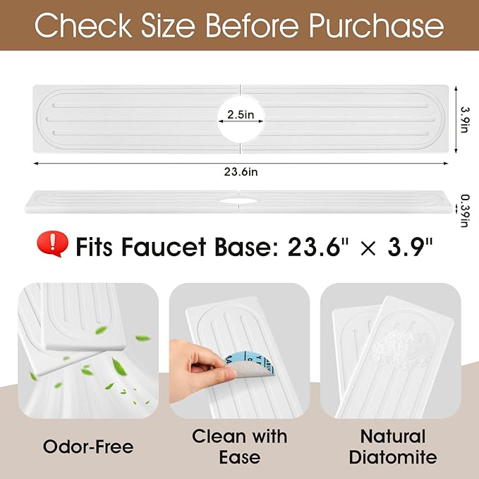 Snuggery Diatomite Faucet Mat Splash Guard - Quick Dry Stone Mat Sink Tray 23.6"x4" – Super Absorbent Non-Slip Faucet Drip Mat Around Faucet – Drying Stone Protector for Kitchen Sink Bathroom