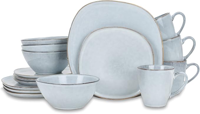 Elanze Designs 16-Piece Modern Luxury Chic Smooth Vintage Handmade Shape High Gloss Ceramic Stoneware Square Plate Mug & Bowl Kitchen Dinnerware 16 Piece Set - Service for 4, Ice Blue
