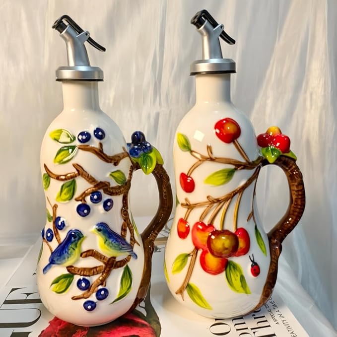 18.26oz/540ml Ceramic Olive Oil Dispenser Bottle,Hand Painted Reliefs Oil Dispenser for Kitchen,Oil Bottles for Kitchen (Sunflower)