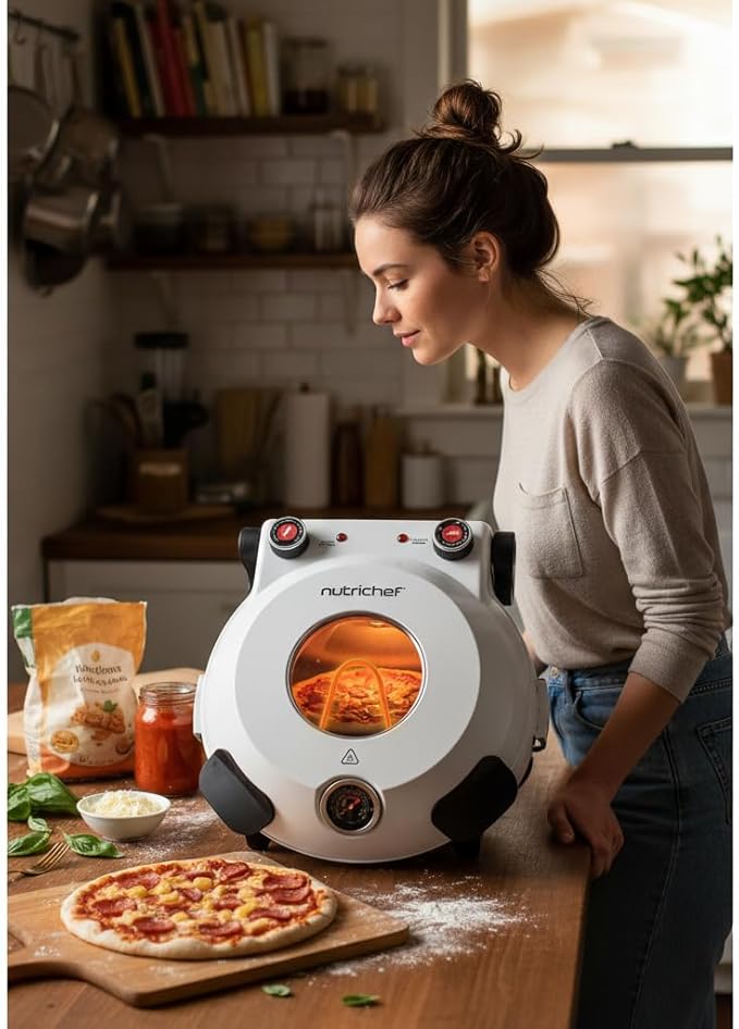 NutriChef Electric Pizza Oven | 1200W Countertop Pizza Maker with Temperature Control & Thermometer | Viewing Window for Precise Cooking | Heats up to 800˚F | Easy to Clean Non-Stick Coating | White