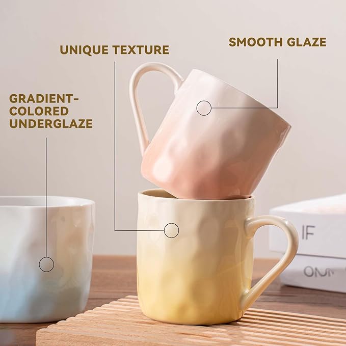 Porcelain Coffee Mugs, Multicolor, Set of 6, 12oz | Hand-Pinch Textured Ceramic, Microwave & Dishwasher Safe, Non-Toxic, Stylish Gift
