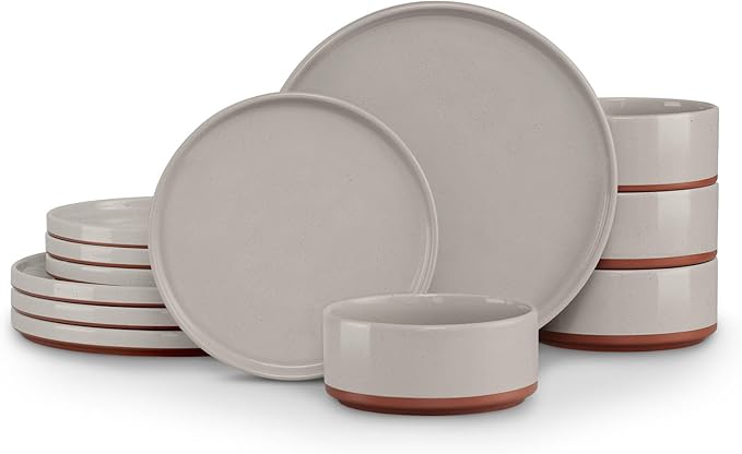LIANYU Stoneware Dinnerware Sets Service for 4, 12 PCS Plates and Bowls Sets, Handmade Ceramic Dish Set, Highly Chip and Crack Resistant Modern Plate Set, Terra Brown