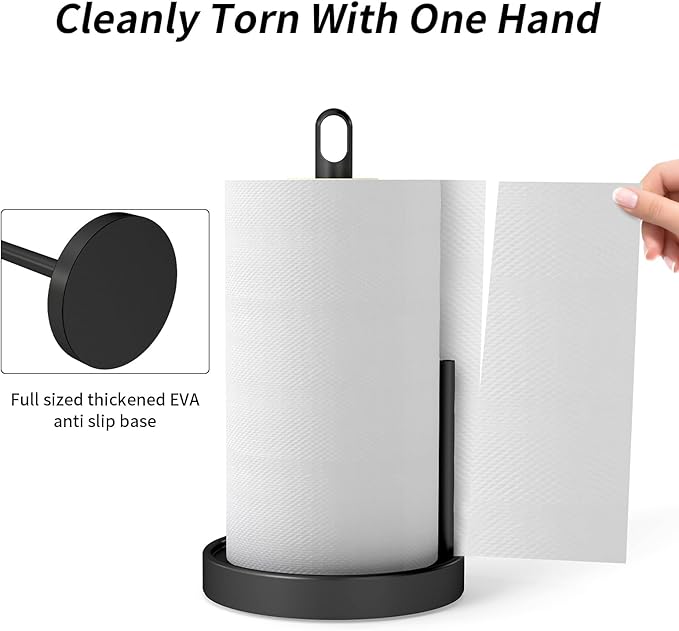 STWWO Paper Towel Holder Countertop, Black Paper Towel Holder with Anti Slip Weighted Base, Stainless Steel Heavy Duty Freestanding Papertowel Holder for Bathroom, Kitchen Roll Holder
