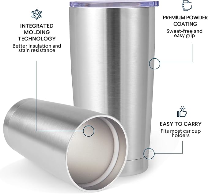 Volhoply 20oz Stainless Steel Tumbler with Lid and Straw Bulk 12 Pack,Double Wall Insulated Travel Iced Coffee Mug Fits Cup Holder,Powder Coated Cups for Hot/Cold Drinks,Christmas Gifts（Silver,12 Set）