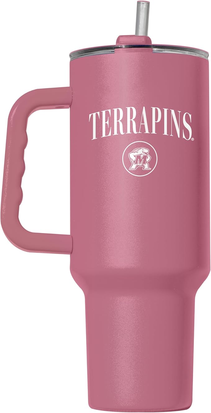 Logo Brands NCAA Maryland Terrapins Berry 40 oz Tumbler with Handle - Stylish Everyday Use Powder Coated-Stainless Steel with Straw- Keeps Cold For Hours