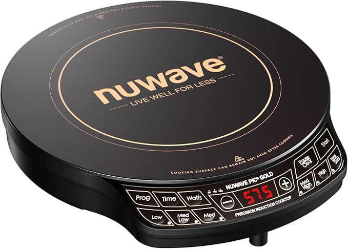 Nuwave Precision Induction Cooktop Gold, 12” Shatter-Resistant Ceramic Glass Surface, Large 8” Heating Coil, Portable, 96 Temp Settings 100°F to 575°F, 3 Wattage Settings 700, 900, and 1500 Watts