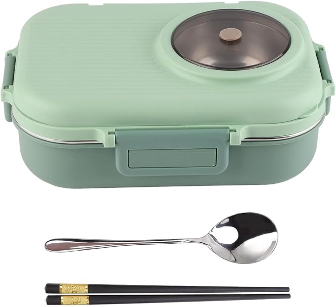 Thermal Lu Box For Hot Food Thermal Tazon,Lu Box Lu Box Thermal Lu Box 1100Ml Double Layer 3 Grid Design 304 Stainl Steel Box With Chopsticks Spoon Soup Bowl G (Green)