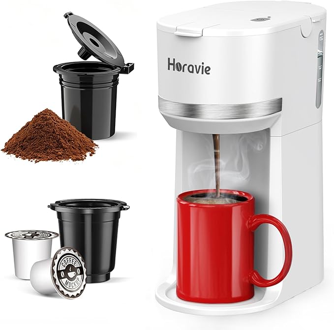 Horavie Mini Single Serve Coffee Maker for K-Cup Pod and Ground Coffee, Fast Brew One Cup Coffee Machine with Descaling Reminder and Viewing Tank, 6 to 12 oz. Brew Sizes, White