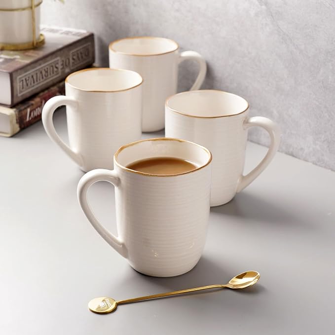 famiware Tempus Coffee Mugs Set of 4, 14 oz Coffee Cup Set, Stoneware Mugs with Handle for Coffee, Tea, Cocoa, Milk, Cappuccino, Microwave Safe - Antique White