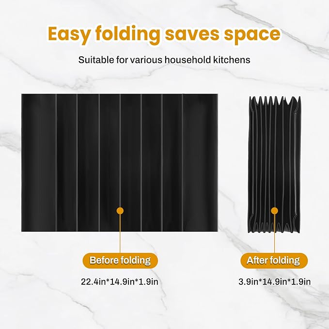 DEPOZA Silicone Silverware Drawer Organizer, Expandable Utensil Tray (3.9-22.4" W, 14.9" D, 1.9" H), 8-Compartment Cutlery Holder with Knife Section, BPA-Free, Non-Slip, Black