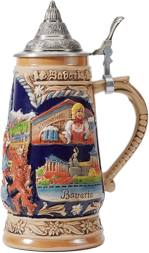 HAUCOZE Beer Stein Mug German Munich Bavarian Drinking Viking Tankard with Pewter Lid Birthday Gifts for Men Father Husband 1.0 Liter