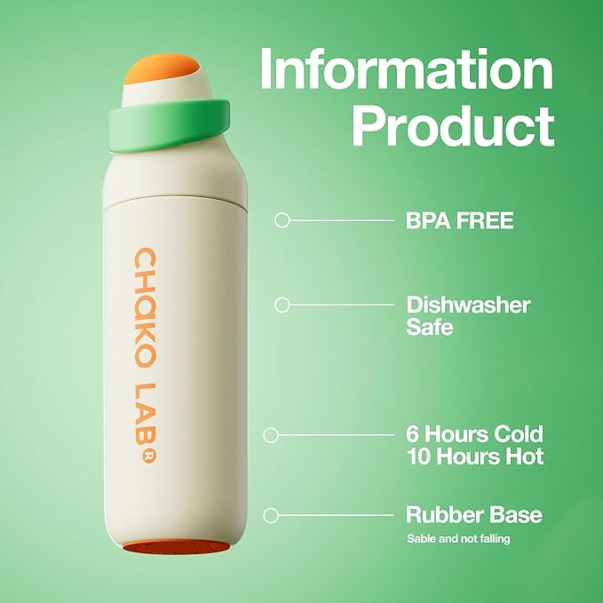 CHAKO LAB Insulated Stainless Steel Water Bottle, BPA-Free Sports Water Bottle,Spout and Straw,Leak Proof Locking Lid,Designed for Travel, School, and Sport,BPA Free,23 oz,White