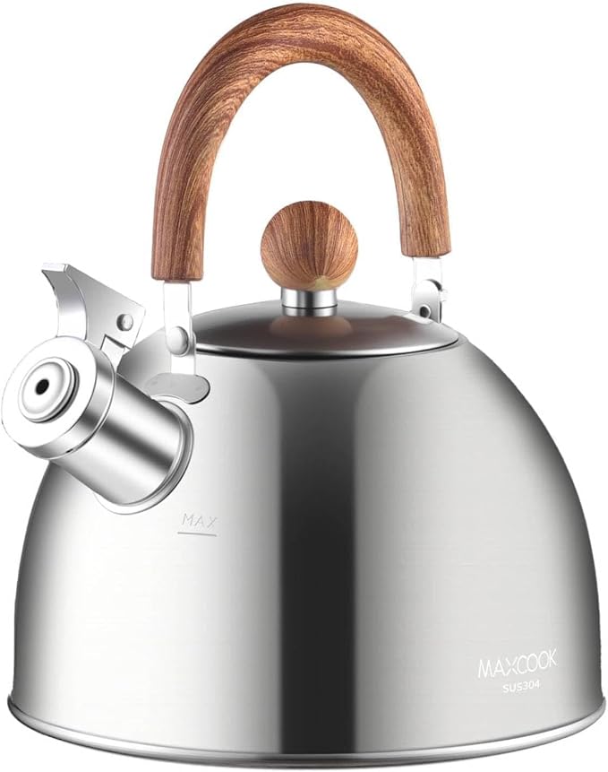 18/8 Stainless Steel Tea Kettle for Stovetop (2L / 2.1 Quart Whistling Tea Pot, Wood Handle)-Silver