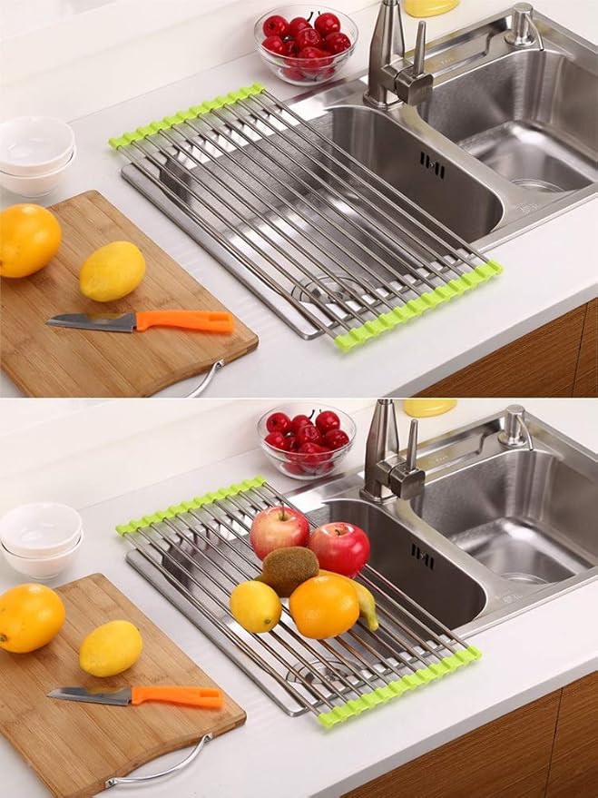 Roll Up Dish Drying Rack, Over The Sink Kitchen Rolling Sink Rack Multipurpose Dry Dish Drainer Rack，Stainless Steel Foldable Dish Drying Rack，for Sink Counter(Blue,47 * 23cm)