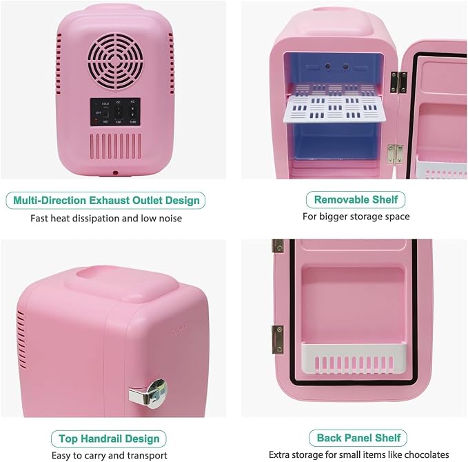 CROWNFUL Mini Fridge, 4 Liter/6 Can Portable Cooler and Warmer Personal Refrigerator for Skin Care, Cosmetics, Beverage, Food,Great for Bedroom, Office, Car, Dorm, ETL Listed (Pink)