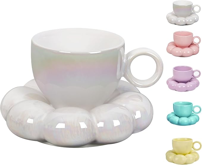 ARISKEY 10oz Coffee Mug for Women,Cute Tea Cup and Saucer Set with Spoon,Perfect for Latte and Milk, A Warm Choice for Mother's Love,Pearl White