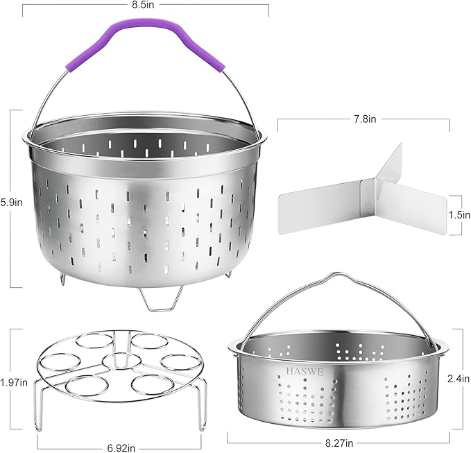 Steamer Basket for instant Pot Pressure Cooker, Accessories Set Compatible with 5/6/8 Qt InstaPot -18/8 Stainless Steel Strainer Insert with Silicone Handle,Divider,Egg Steamer Rack, 6 Quart