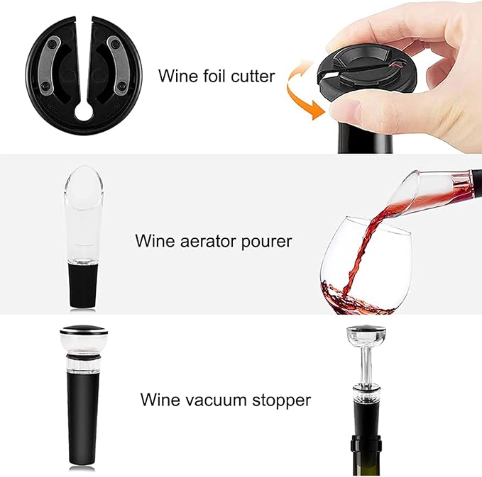 Wine Bottle Opener Corkscrew with Foil Cutter, Set of 4 with Manual Corkscrew Wine Opener, Vacuum Pump Stopper, Wine Pourer, Foil Cutter, for Home, Kitchen, Party, Restaurant, Bar