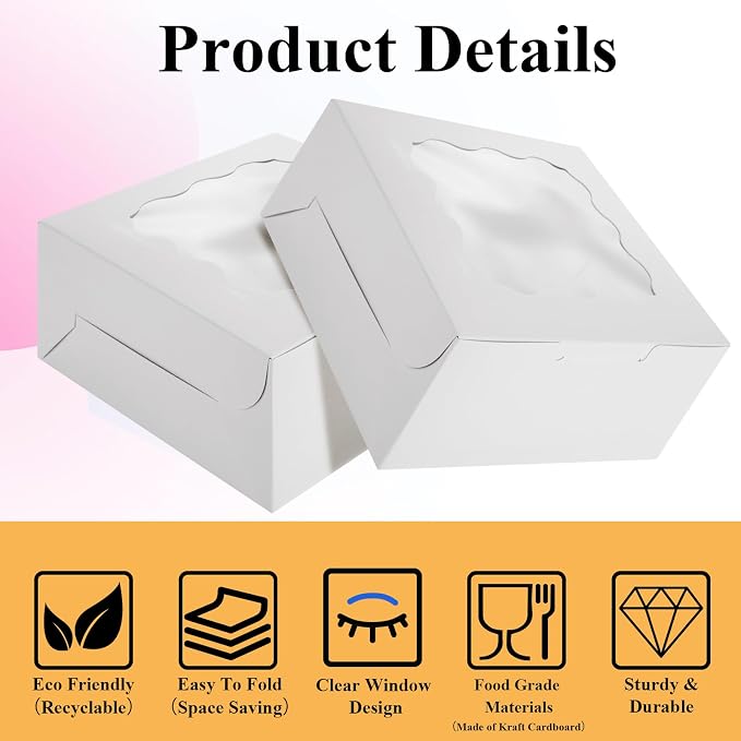 QTLCOHD 100 Pack 6 x 6 x 3 Inch Bakery Boxes with Window | White Cookie Boxes Bulk for Dessert, Cupcake, Pastry, Cookies, Treat, Strawberries Chocolate