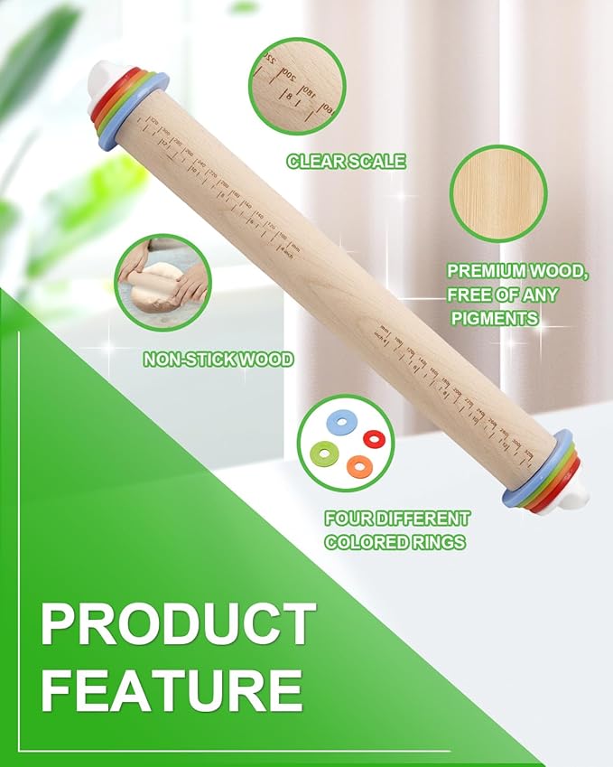 16.7" Rolling Pin with Adjustable Thickness Rings, Wooden Dough Roller, Rolling Pins for Baking, Fondant, Pizza, Pie Crust, Cookie, Pastry, Roller Rod for Dough Thickness, 2-Piece Set
