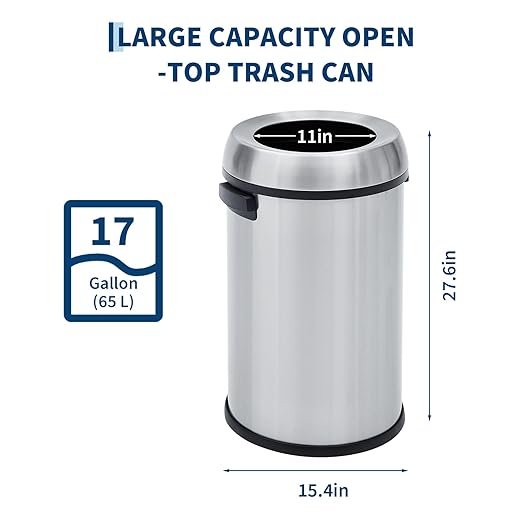 Garvee 17 gal/65 L Trash Can, Fingerprint-Proof Stainless Steel Open Top Garbage Can, Heavy Duty Commercial Round Trash Bin for Restaurant, Home, Office, Silver