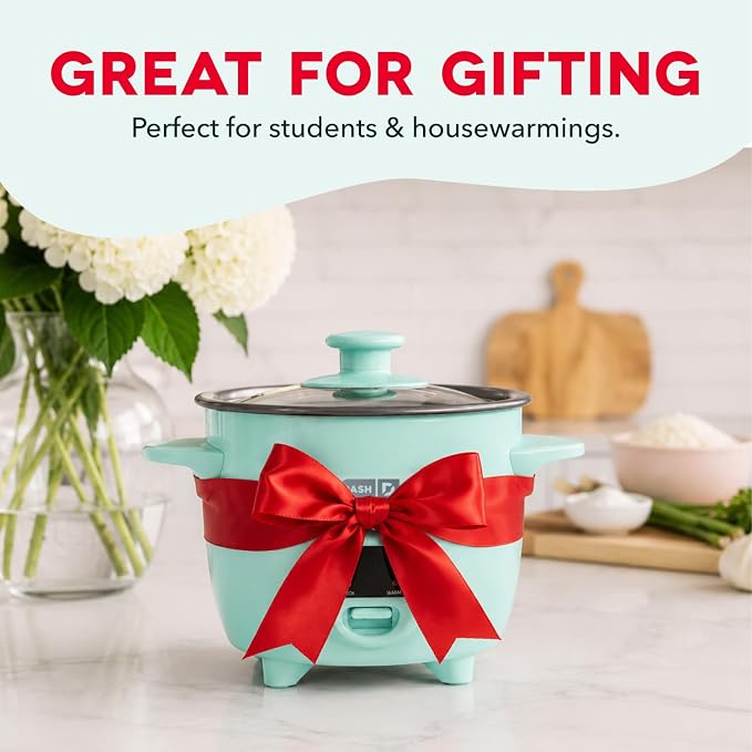 Dash Mini Rice Cooker | Small Rice Maker, 2 Cups Cooked / 1 Cup Uncooked, Ceramic Nonstick Removable Pot, Keep Warm Function, Compact and Portable for Dorm, Travel, Single Serve, Aqua