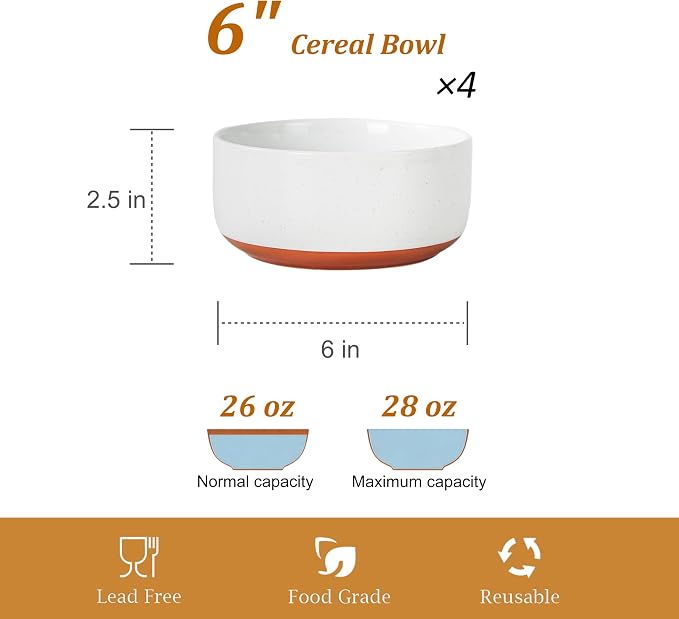 28 OZ Ceramic Cereal Bowls Set, 6 Inch, Set of 4, Elegant White | Handcrafted, Dishwasher & Microwave Safe, Stoneware Deep Soup Bowls for Everyday Use