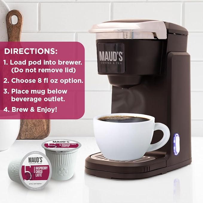 Maud's Raspberry Chocolate Flavored Coffee Pods, 18 ct, Medium Roast Flavored Coffee in Single Serve Pods – 100% Arabica Beans, Compatible with Keurig K Cups Maker