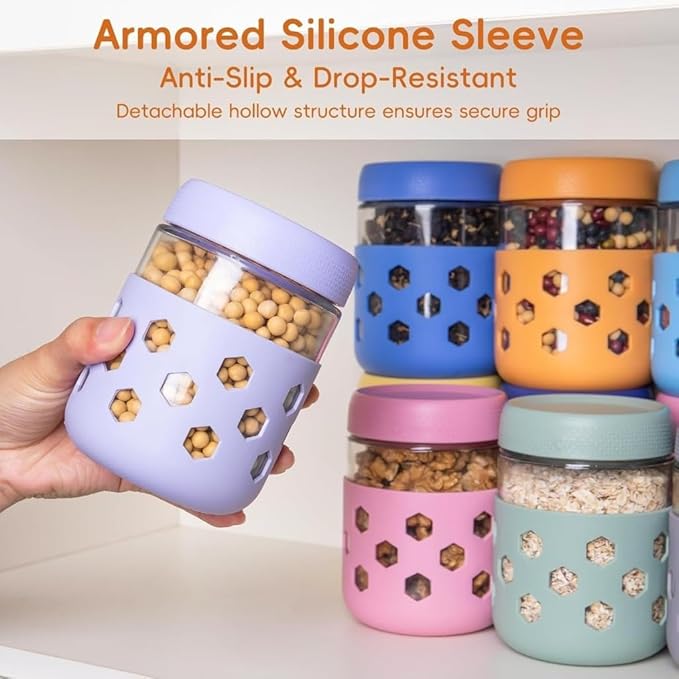 6-Pack Mason Jars with Silicone Sleeves, Airtight Food-Safe Containers with Lids, Leak-Proof Meal Prep Jars for Oats, Yogurt, Snacks