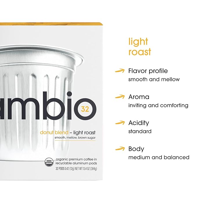 Cambio Roasters Organic Coffee Pods - Donut Blend Light Roast, The Only Organic Recyclable Aluminum Coffee Pods, Small Batch Roasted, Keurig® Compatible, Balanced Flavor, Longer Lasting Freshness, 10 Count